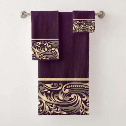 Elegant Chic Gold Swirls Burgundy Bath Towel Set