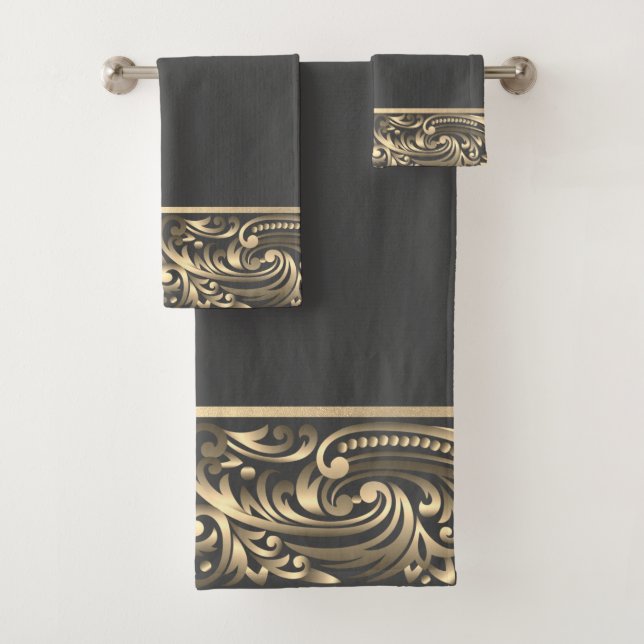 Elegant Chic Gold Swirls Gray Bath  Towel Set (Insitu)
