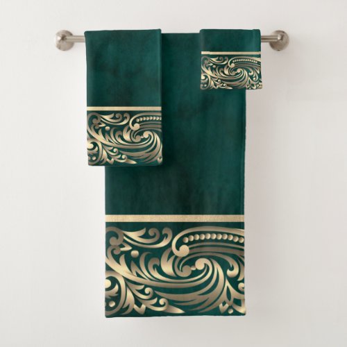 Elegant Chic Gold Swirls Green Bath Towel Set