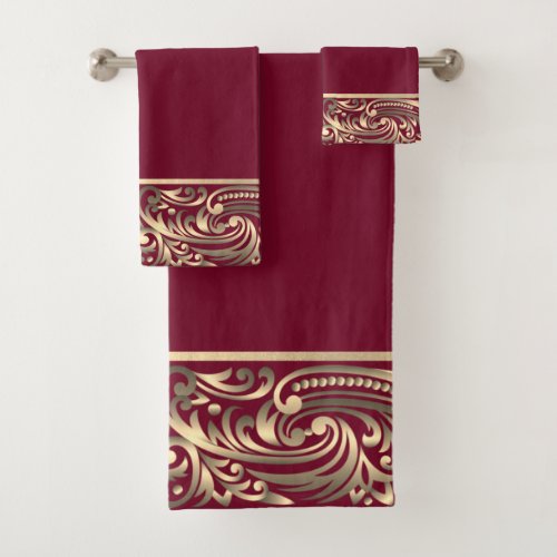 Elegant Chic Gold Swirls Red Bath Towel Set