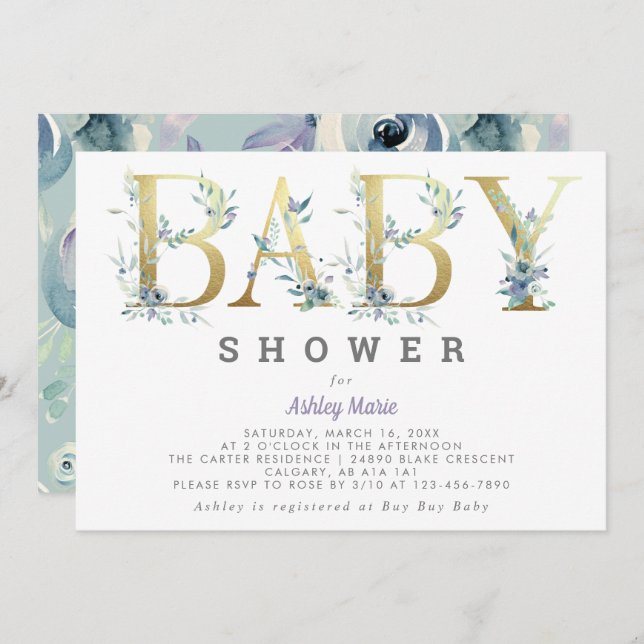 Elegant Chic Gold Teal Blue Flowers Baby Shower Invitation (Front/Back)