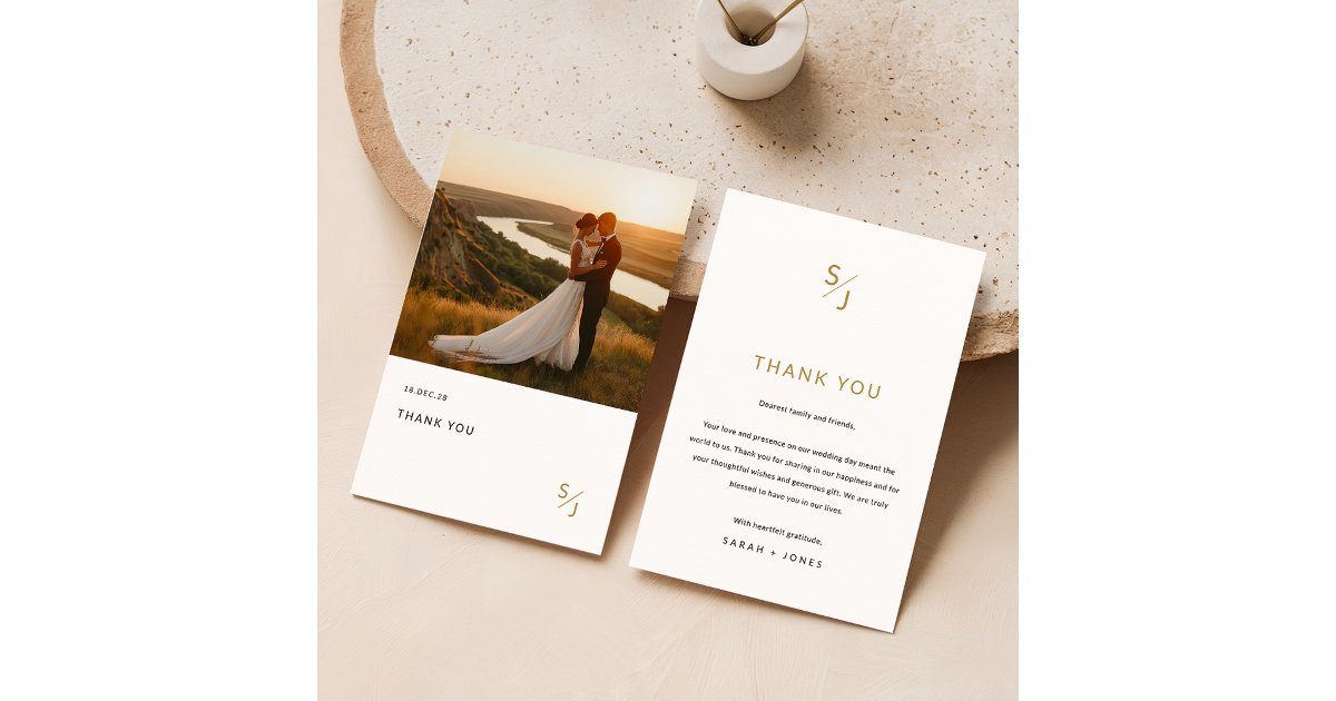 Elegant Chic Gold Typography Wedding Photo Thank You Card | Zazzle