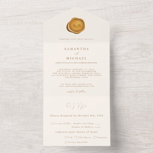 Elegant Chic Gold Wax Seal Minimalist Wedding All In One Invitation