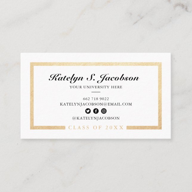 Elegant chic gold white graduation class of photo  calling card (Front)