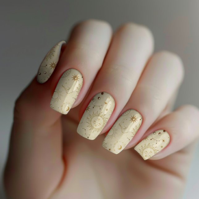 Elegant Chic Golden Celestial Astrological Zoadic Minx Nail Art (The elegant, chic, fashionable and trendy golden astrological pattern nail art wrap design.)