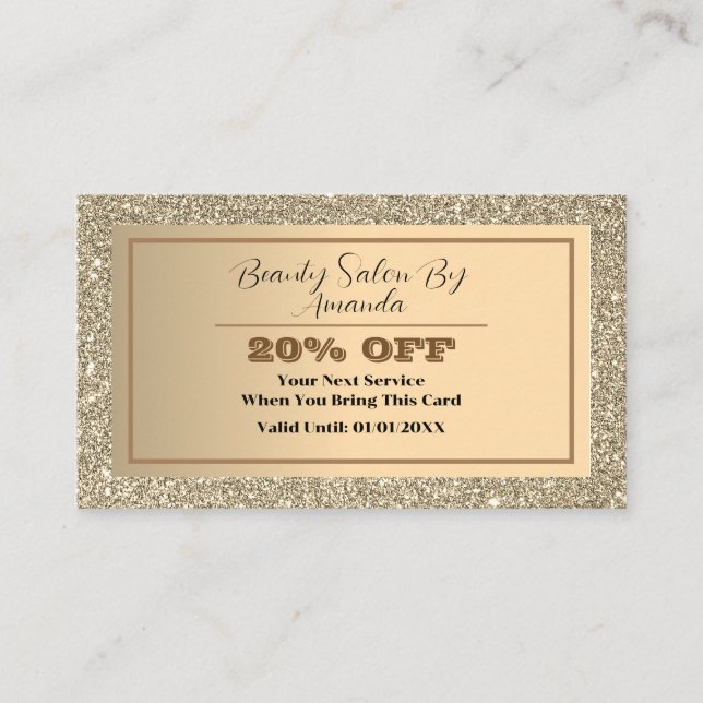 Elegant Chic Golden Foil Glittery Glamorous Salon  Discount Card (Front)