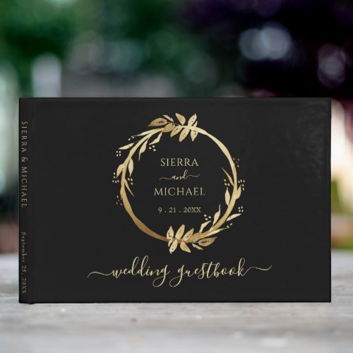 Elegant Chic Golden Foliage Wreath Black Wedding Guest Book