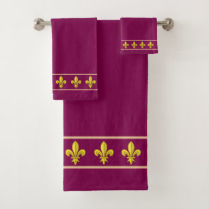 Elegant, Chic Golden Lis Flowers on Wine Maroon Bath Towel Set
