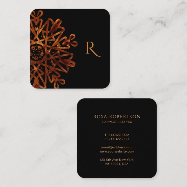  Elegant Chic Golden Ornamental Monogrammed Square Business Card (Front/Back)