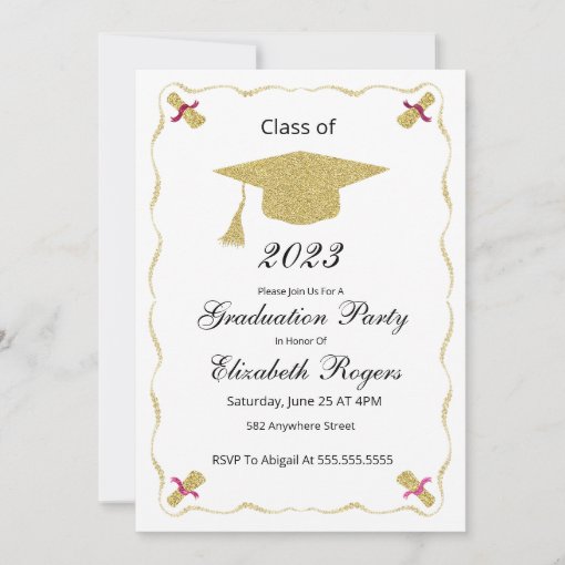 Elegant Chic Graduation Glitter Cap And Diploma Invitation | Zazzle