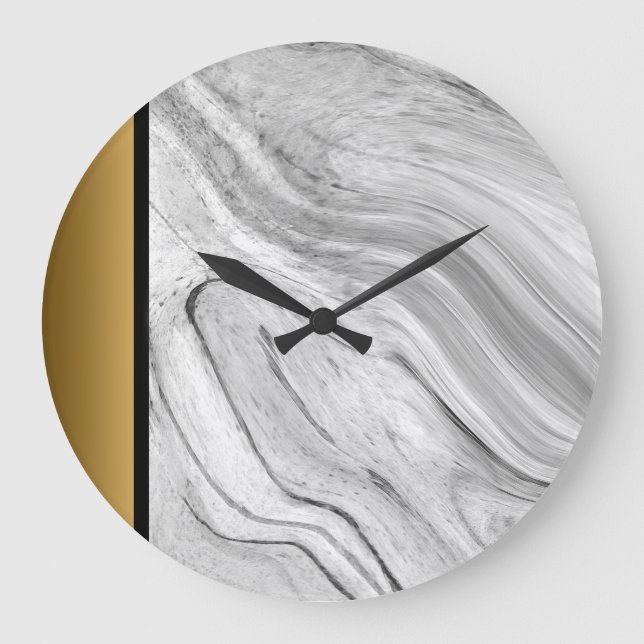 Elegant Chic Gray Black White Gold Marble Pattern  Large Clock (Front)