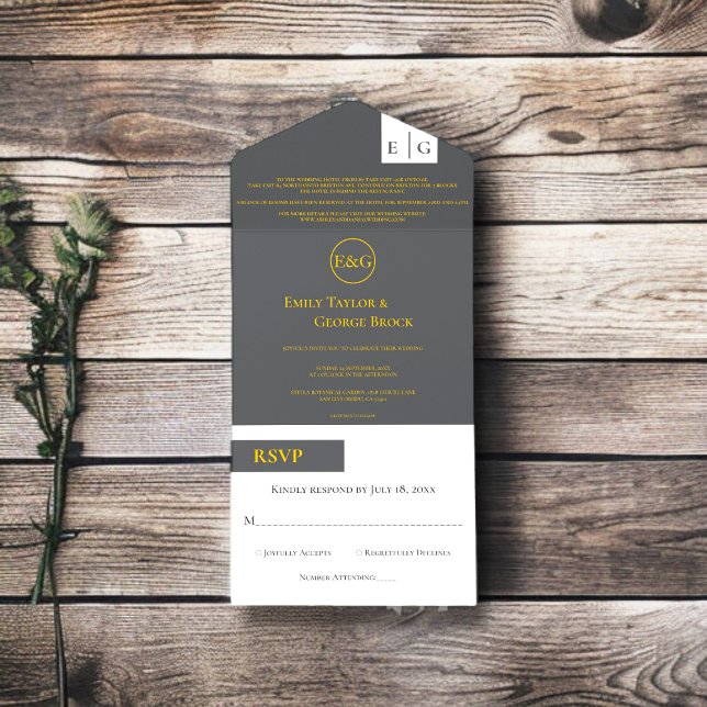Elegant Chic Gray Gold Monogram Modern Wedding All In One Invitation (Creator Uploaded)