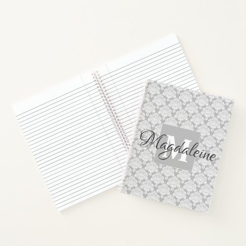 Elegant Chic Gray  White Damask Pattern Spiral Notebook