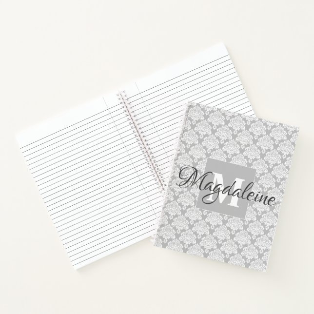 Elegant Chic Gray & White Damask Pattern Spiral Notebook (Inside)