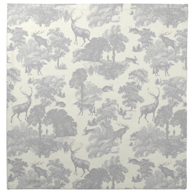Elegant Chic Gray White Toile Deer Woodland Cloth Napkin (Front)