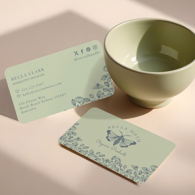 Elegant & Chic Green & Blue Florals & Moth Logo Business Card (Elegant & Chic Green & Blue Florals & Moth Logo Business Card)