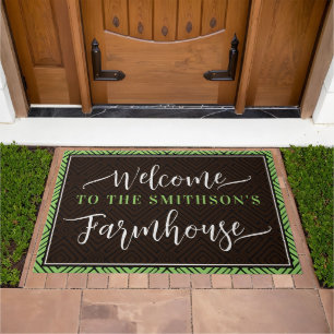 Elegant Chic Green & Brown Deco Farmhouse Welcome Doormat