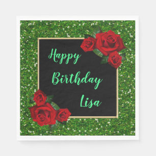 Elegant Chic Green Glitter Red Roses Birthday Napkins