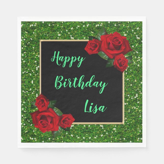 Elegant Chic Green Glitter Red Roses Birthday Napkins (Front)