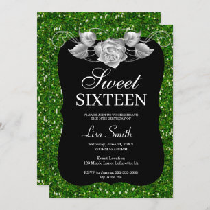 Elegant Chic Green Glitter Silver Rose Sweet 16 Invitation