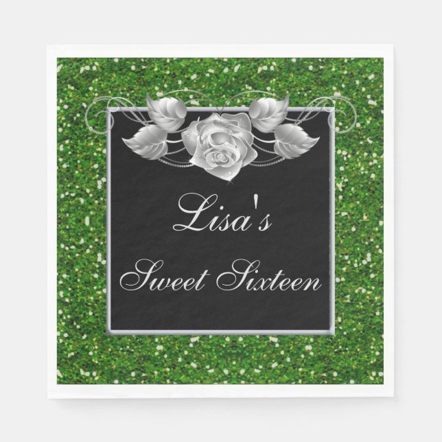 Elegant Chic Green Glitter Silver Rose Sweet 16 Napkins (Front)