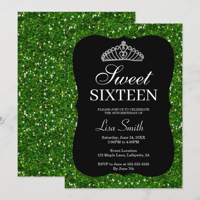 Elegant Chic Green Glitter Tiara Sweet 16 Invitation (Front/Back)