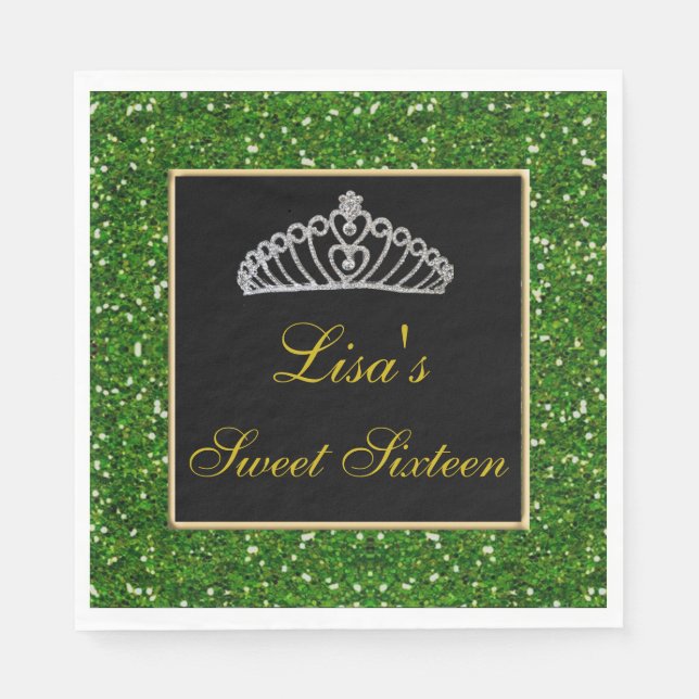 Elegant Chic Green Glitter Tiara Sweet 16 Napkins (Front)