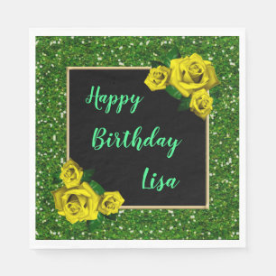 Elegant Chic Green Glitter Yellow Roses Birthday Napkins
