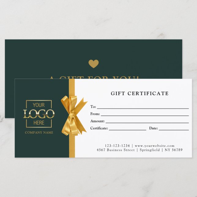 Elegant Chic Green Gold Business Gift Certificate (Front/Back)