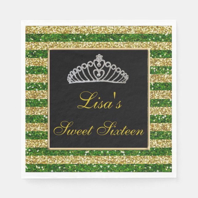 Elegant Chic Green Gold Glitter Tiara Sweet 16 Napkins (Front)