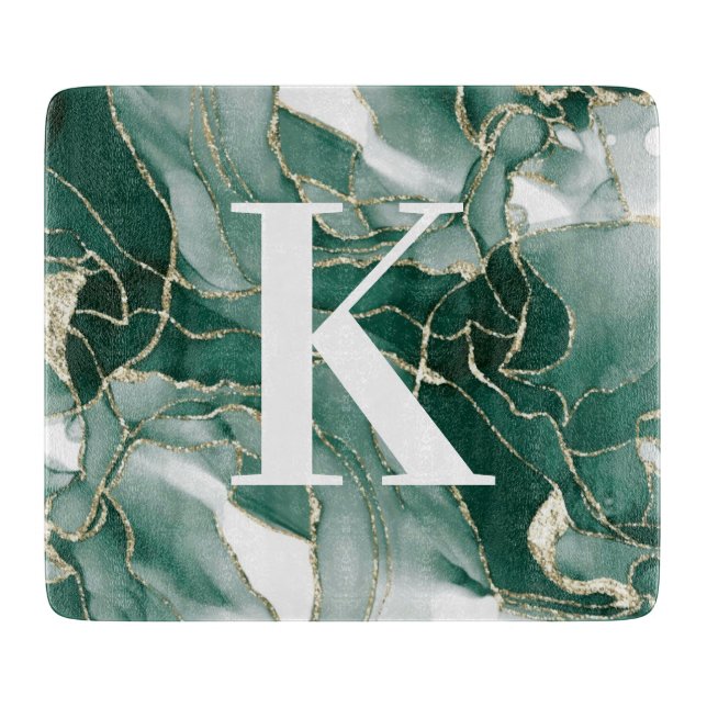 Elegant Chic Green Gold Marble Agate Monogram   Cutting Board (Front)