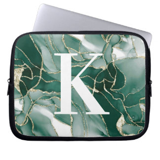 Elegant Chic Green Gold Marble Agate Monogram   Laptop Sleeve