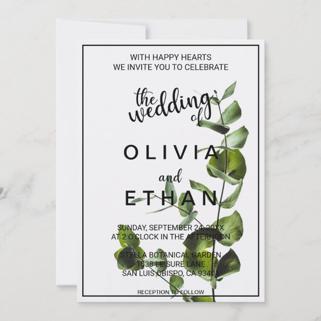Elegant Chic Green Leaves White Floral Wedding Invitation (Front)
