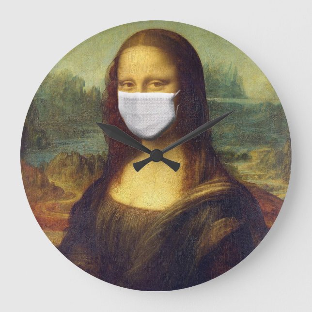 Elegant Chic Green Mona Lisa Covid 19 Painting Large Clock (Front)