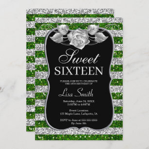 Elegant Chic Green Silver Glitter Rose Sweet 16 Invitation