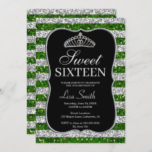 Elegant Chic Green Silver Glitter Tiara Sweet 16 Invitation