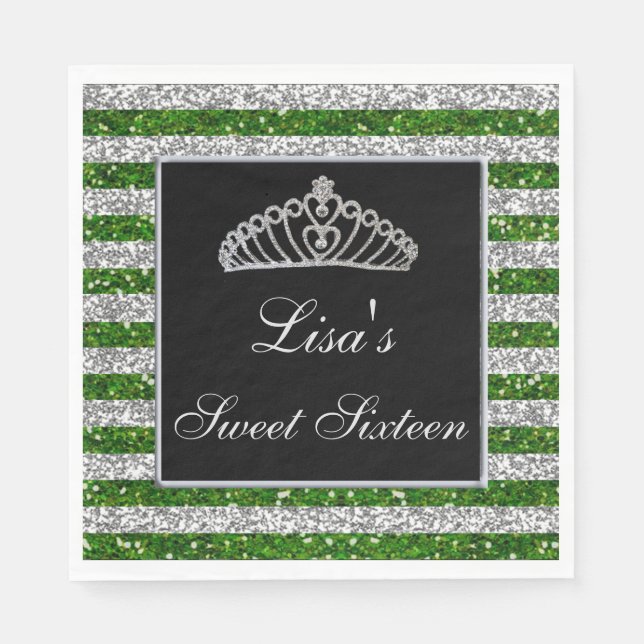 Elegant Chic Green Silver Glitter Tiara Sweet 16 Napkins (Front)