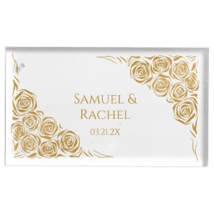 Elegant Chic Hand Drawn Golden Roses Wedding Place Card Holder