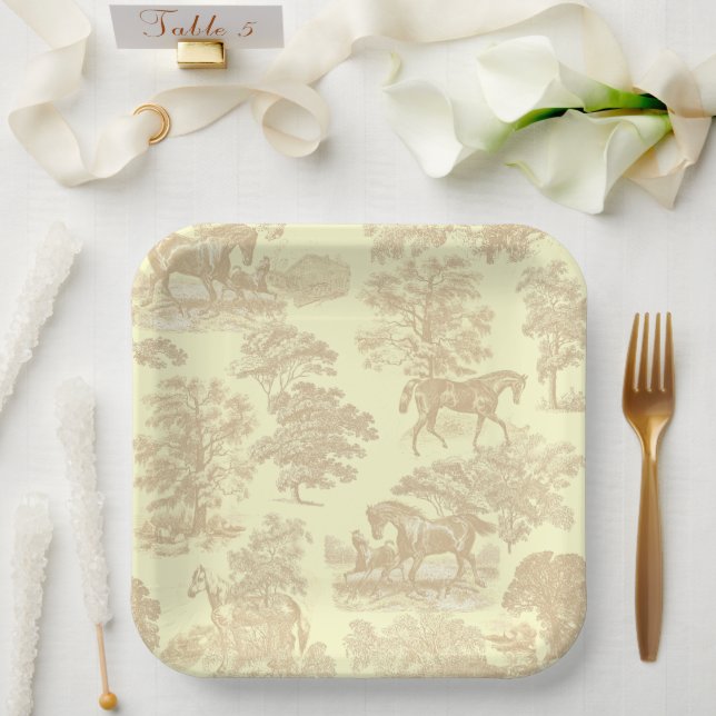 Elegant Chic Horse Toile Beige Cream Paper Plates (Wedding)