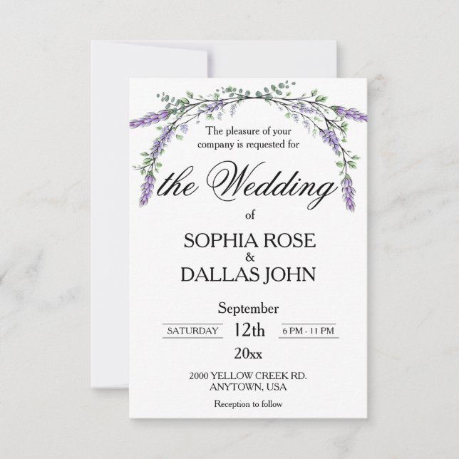 Elegant chic Lavender Eucalyptus watercolor script Invitation (Front)