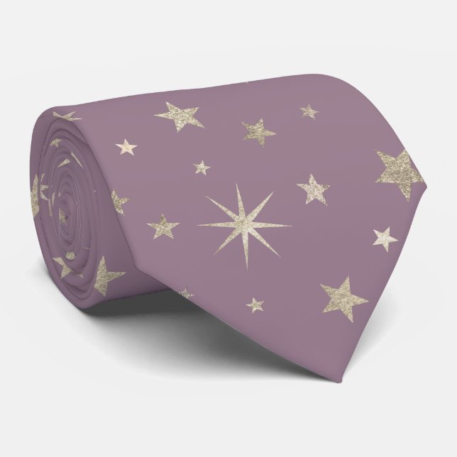 Elegant Chic Lavender Purple Silver Stars Monogram Neck Tie (Rolled)