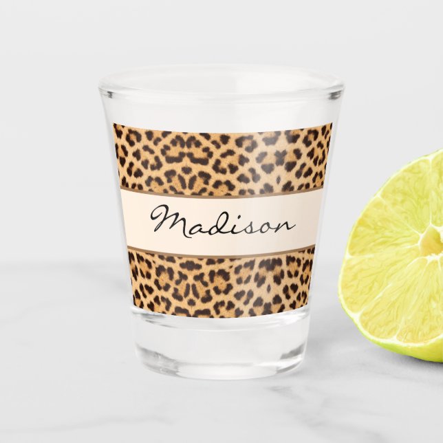 Elegant Chic Leopard Print Personalized Script Shot Glass (Front)