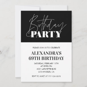 Elegant Chic Lettering Black White 69th birthday Invitation