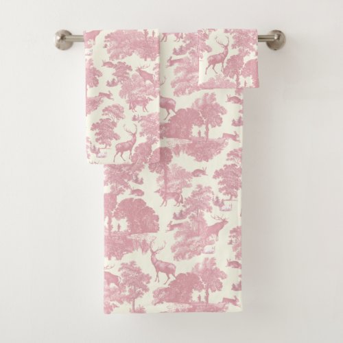Elegant Chic Light Pink Toile Deer Woodland Bath Towel Set