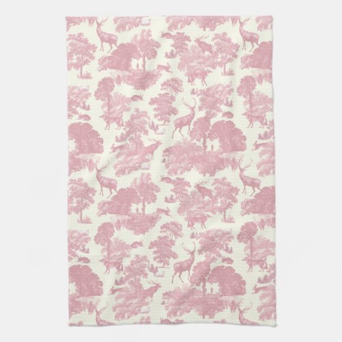 Elegant Chic Light Pink Toile Deer Woodland Kitchen Towel