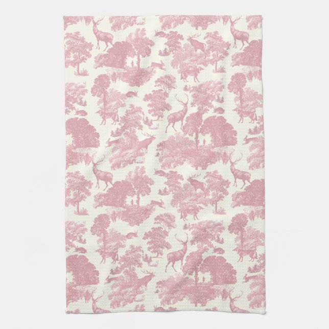 Elegant Chic Light Pink Toile Deer Woodland Kitchen Towel (Vertical)