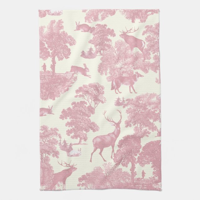 Elegant Chic Light Pink Toile Deer Woodland Kitchen Towel (Vertical)
