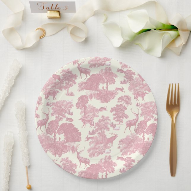 Elegant Chic Light Pink Toile Deer Woodland Paper Plates (Wedding)