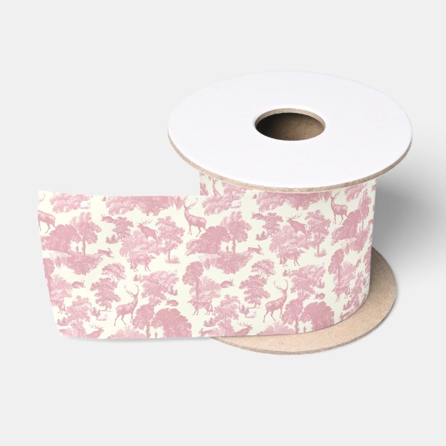 Elegant Chic Light Pink Toile Deer Woodland Satin Ribbon (Spool)