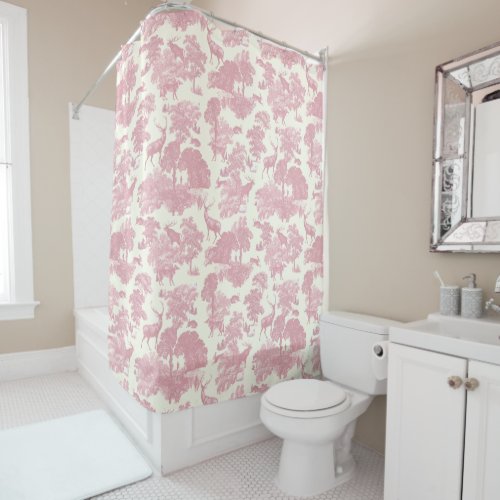 Elegant Chic Light Pink Toile Deer Woodland Shower Curtain